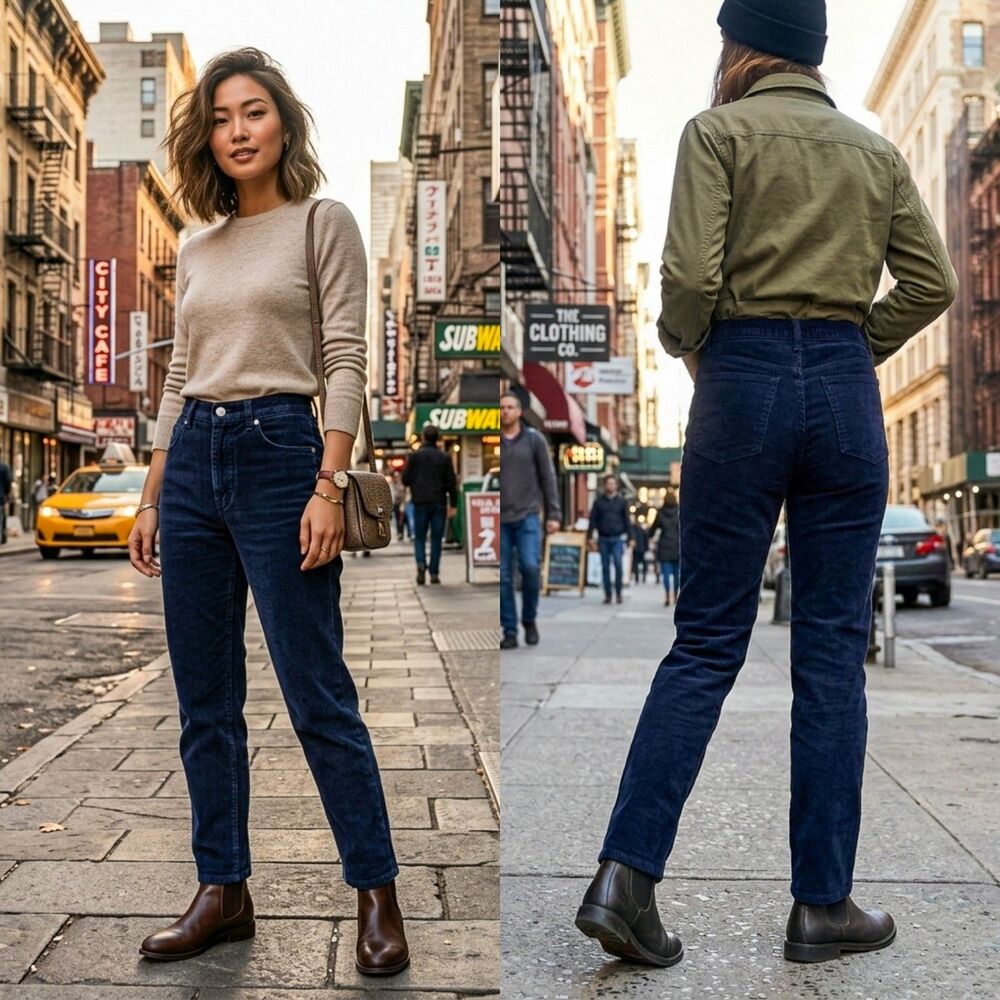 Vintage 90s Ki-Ko-Mo Navy Blue Corduroy Pants High Waist Straight Leg Size 7/8